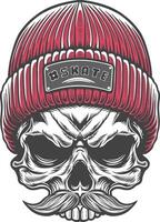 Skull with a mustache and hat in a red beanie vector