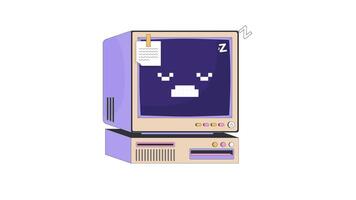Retro computer with sleepy zzz pixel face and sticky note 2D cartoon object animation. 90s dozing off. Vintage oldschool desktop in sleeping mode animated flat colorful item 4K isolated on white video