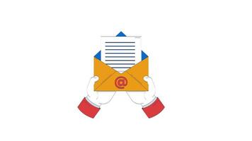 Hands holding open email envelope with document 2D doodle animation. Digital correspondence and communication mail animated flat element isolated on white background. Cartoon 4K drawing video
