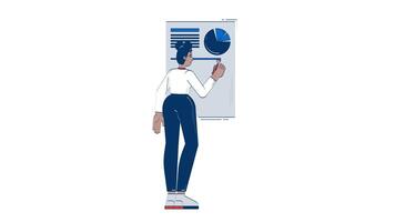 Black woman analyzing pie chart on presentation board 2D character doodle animation. Female analyst pen drawing data report animated person on white background. Cartoon 4K drawing video