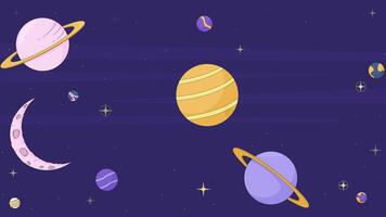 Surreal space with nebula and fantasy planets 2D cartoon animation. Crescent moon, nebulae, fantasy sci-fi. Night universe cosmos stars animated flat backdrop 4K background scene storytelling video