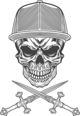 Skull with baseball cap and crossed swords in black and white illustration