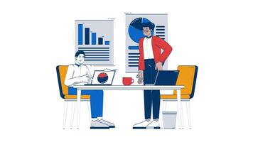 Diverse professionals discussing charts and graphs 2D characters doodle animation. Business meeting presentation. Statistics analysts animated people on white background. Cartoon 4K drawing video