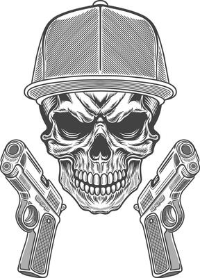 Skull with guns and cap in a baseball cap