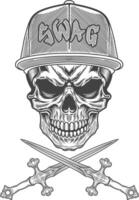 Skull with hat and crossed swords in black and white illustration vector