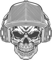 Skull with headphones and hat in black and white monochrome illustration artwork vector