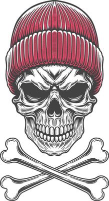 Skull with a red knitted hat and crossed bones