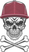 Skull with baseball cap and bones illustration vector