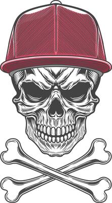 Skull with baseball cap and bones illustration