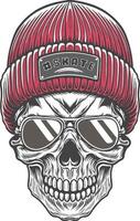 Skull wearing a red beanie and sunglasses illustration vector
