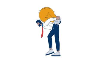Professional black man carrying giant light bulb on back 2D character doodle animation. Businessman struggling with lightbulb animated person on white background. Cartoon 4K drawing video