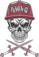 Skull with two crossed swords and retro red baseball cap vector