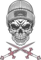 Skull with crossed swords and knitted cap illustration vector