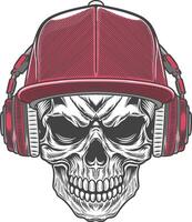 Skull wearing headphones with a red hat vector