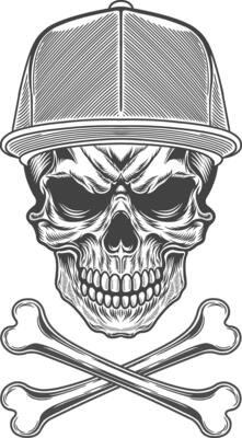 Skull in a baseball cap and crossed bones illustration