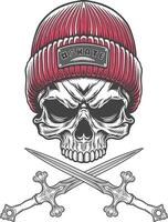 Skull with two crossed swords and a red knitted hat vector