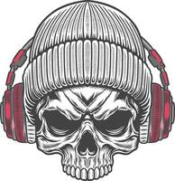 Skull in a knitted hat with headphones vector
