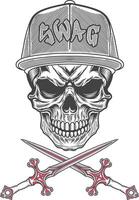 Skull with retro black and white baseball cap and two sword vector
