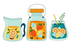 Lemonade jar set with fruits inside on white background vector