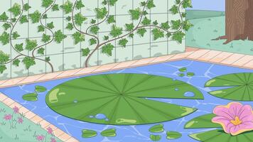 Lily pads and lotus flower in lo-fi pond 2D cartoon animation. Blooming backyard garden water. Lilypad, waterlily with ivy vines wall animated flat backdrop 4K background scene storytelling video