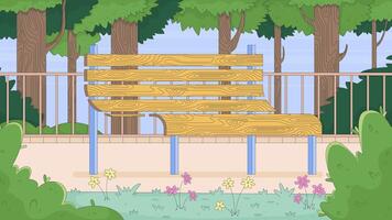 Empty wooden bench in serene forest park 2D cartoon animation. Peaceful solitude. Outdoor calm scenery, greenery trees curved seating animated flat backdrop 4K background scene storytelling video