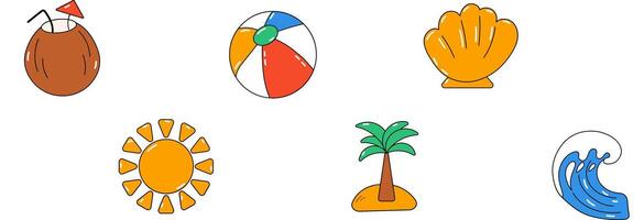 Summer set of cartoon elements with palm, sun, ball, wave vector