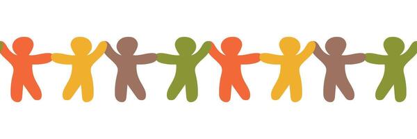 illustration depicting a row of colorful abstract figures holding hands. Seamles border. Symbolizes unity, diversity, and community. Ideal for themes of togetherness and cooperation vector