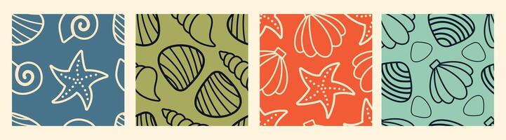 Seamless Beach Shells and Starfish Pattern set. seamless patterns with starfish and seashell. Blue, green, orange, and teal backgrounds enhance the nautical and coastal theme vector