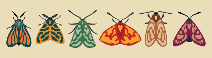 Colorful Moth set. Illustrations. Six vibrant moth designs with geometric patterns. Each moth features unique color combinations, adding diversity and interest to the collection. vector