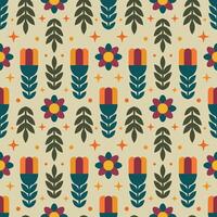 Seamless Geometric Flower Pattern Illustration in retro style. Geometric flower pattern with tulips and leaves in retro colors. Perfect for textiles, wallpapers, and decorative designs. vector