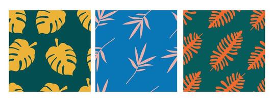 Bold Tropical Leaf Seamless Pattern set. Set of three vibrant tropical leaf patterns with bold colors and striking designs, featuring monstera and palm leaves in contrasting backgrounds vector