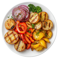 Grilled potatoes with vegetables isolated on transparent background, top view png