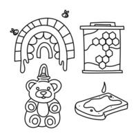 A set of doodle honey elements. Rainbow, sandwich, honeycomb frame, honey in a jar on a white background. Home-made honey production. Bee farm. Insects fly in a rainbow. Motives for honey production vector