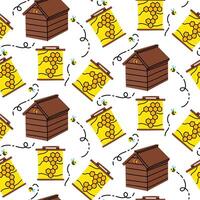 a pattern of wooden beehives. a house with a roof, a frame with honey and a honeycomb with bees. Home-made honey production. the bee house. Insects are flying near the house. a drawer with shelves vector