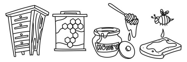 set of doodle honey elements. beehive, frame honeycombs, sandwich with honey, honeycombs with honey on white background. Home-made honey production. wooden house for bees. Stages of honey production vector