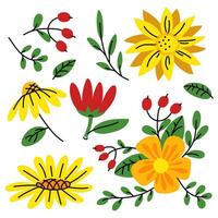 set with multicolored flowers. An illustration in the flat style of spring flowers. Spring blooming, branches, leaves, berries. For posters, greeting cards and children's design. isolated floral fauna vector