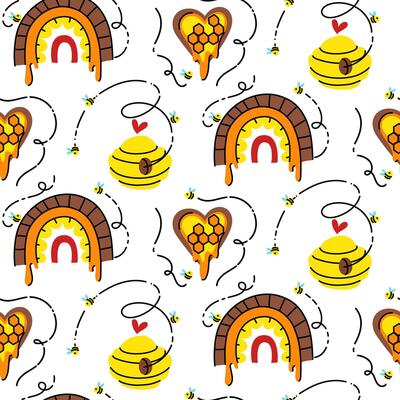 pattern of honey elements. Rainbow, heart, honeycomb frame on a white background. Home-made honey production. wooden house for bees. Insects fly in a rainbow. Seamless motifs for honey production