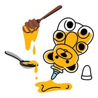 Honey bottles in the shape of a bear in different positions, spoons. Drops of honey are dripping. Transparent flat illustration for storing honey. Animal-shaped packaging design. illustration vector