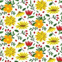 pattern with multicolored flowers. A flat-style illustration depicting spring flowers. Spring blooming, branches, leaves, berries seamless pattern. For textures, greeting cards and children's design vector
