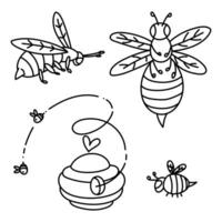 A set of doodle bees, a bee hive. Beehive and bees with bee flight lines. bees are domestic insects. The illustration is an isolated object. A flying swarm. A variety of flying insects vector