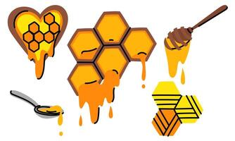 set of decorative flat honeycombs with honey. Flat illustration in the form of doodles. the natural beauty of honeycombs, wax, spoons with drops of honey. Ideal for use in environmentally friendly vector