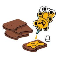 Bottles of honey in the shape of a bear are poured on bread. Drops of honey are dripping. Transparent flat illustration for storing honey. Animal-shaped packaging design. isolated illustration vector