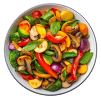 Bowl with stir fried vegetables isolated on transparent background, top view png