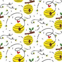pattern of yellow bee hives, bees flying. beehive with heart, beehive on branch is highlighted in white. beehive with bee flight lines. bees are domestic insects. an illustration. Seamless texture vector