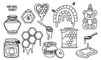 set of doodle honey elements. Rainbow, heart, honeycomb frame, honey in a jar on a white background. Home-made honey production. wooden house for bees. Insects fly in a rainbow. honey production vector