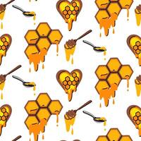 pattern of flat honeycombs with honey. Flat illustration in form of doodles. Seamless texture is the natural beauty of honeycombs, wax, spoons with honey droplets. an environmentally friendly product vector