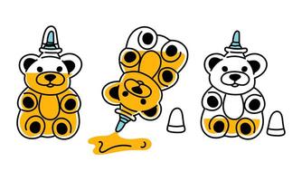 Honey bottles in the shape bear in different positions. Transparent flat illustration for storing honey. Animal-shaped packaging design. illustration in the form of color isolated illustration vector