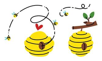 set of yellow bee hives, bees are flying. beehive with heart, beehive on branch highlighted on white. beehive with bee flight lines. house insect bees. illustration an isolated object. Flying Swarm vector