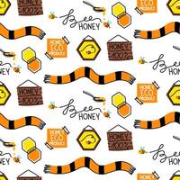 Theme pattern is honey, bees. Texture with names on the board, scarf, honeycomb. Seamless with black lines. Theme of the items is the honey hexagon. objects are insects related to theme of bees, honey vector
