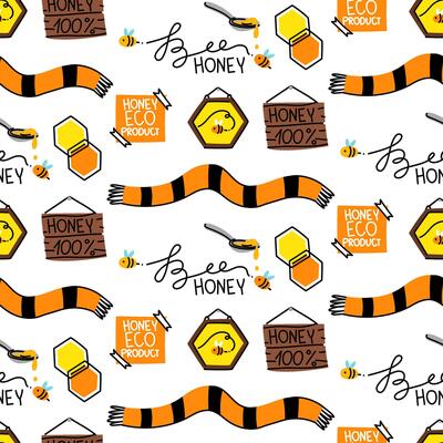 Theme pattern is honey, bees. Texture with names on the board, scarf, honeycomb. Seamless with black lines. Theme of the items is the honey hexagon. objects are insects related to theme of bees, honey